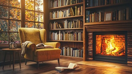 Cozy Reading Nook with Chair, Bookshelf and Crackling Fireplace