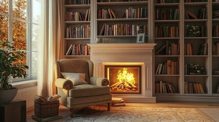 Cozy Library Interior with Bookshelf and Warm Fireplace Ambiance