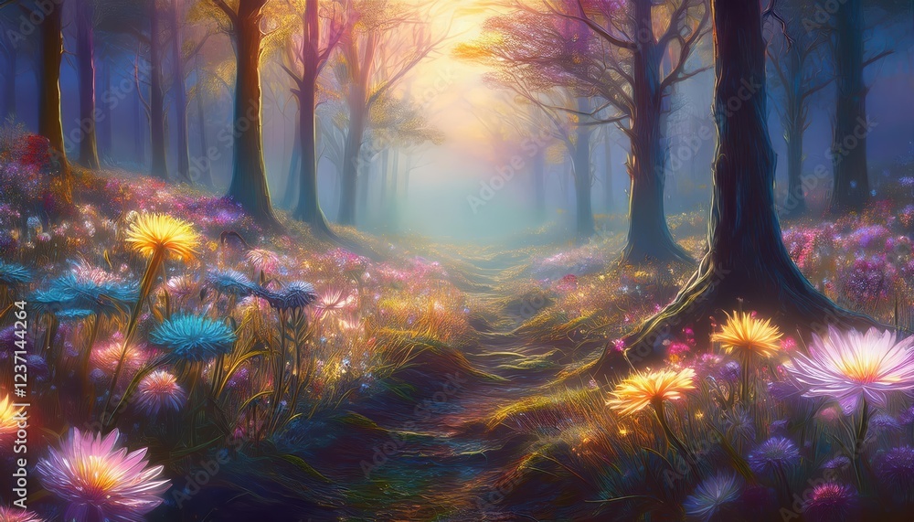 Aufkleber experience a captivating dusk in a forest filled with vibrant flowers illuminated by soft light amid