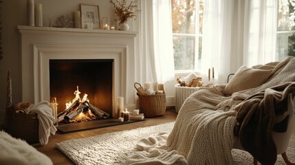 Fototapeta premium Cozy Living Room with Fireplace and Warm Textiles in Natural Light