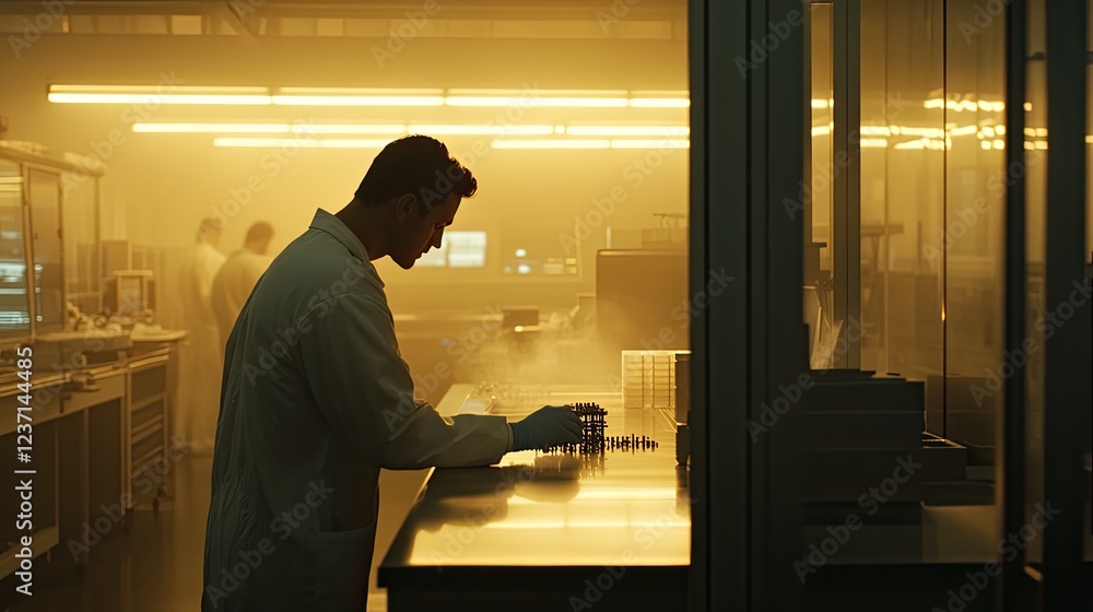 Poster scientist working late in a modern laboratory setting