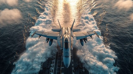 Supersonic Eagle: F/A-18 Super Hornet Taking Flight from Aircraft Carrier at Dawn