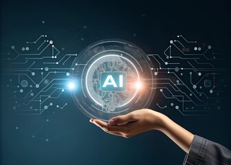 a hand holding a glowing circular interface with the  "AI" surrounding the interface are futuristic digital elements,