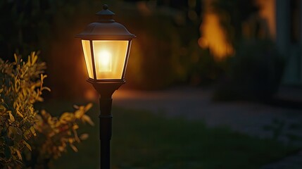 Illuminated Garden Lamp Post At Night