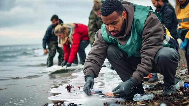 Diverse volunteers work together to collect plastic debris from the beach, promoting environmental awareness and marine conservation