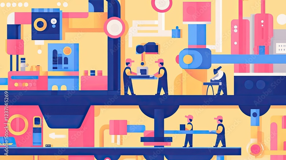 Poster automated factory workers operate advanced machinery
