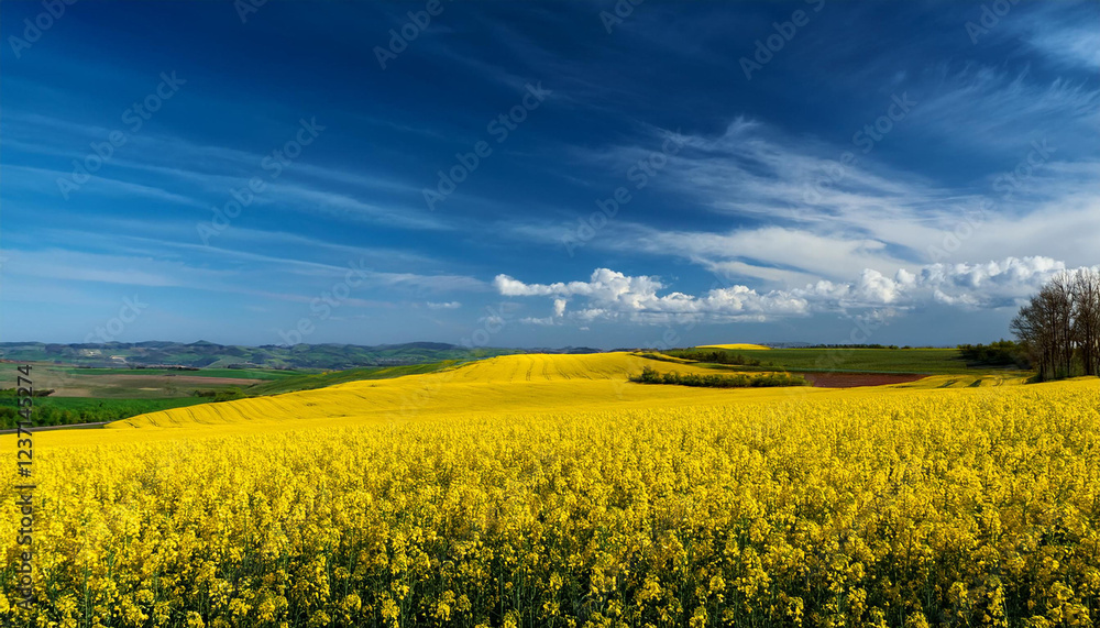 Wall mural colourful landscape with endless filds of rapeseed on a blue sky