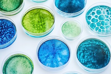 Various petri dishes showcasing microbial growth and diversity. AI generated image