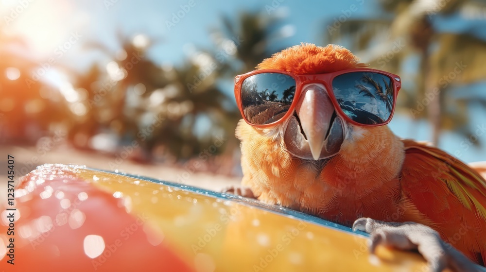 Wall mural A cheerful parrot with trendy red sunglasses poses by the seaside, radiating playful energy and joy as it interacts with the vibrant summery environment.