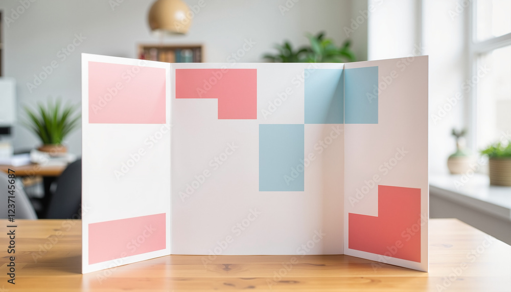 Poster abstract paper display with colored blocks on wooden table