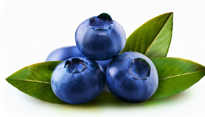 Fototapeta premium blueberries with leaves three blue berries with green leaves freshly picked and ready to eat