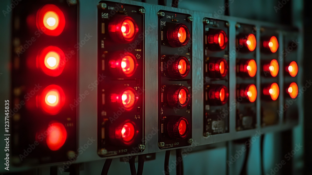 Poster multiple red lights blinking on an electrical control panel, potentially indicating an active proces