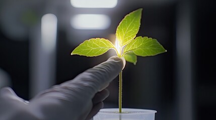 A gloved hand gently holds a young plant seedling