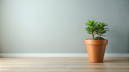 Fototapeta premium Plant in orange pot on wooden floor against grey wall background.