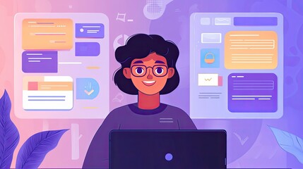 Woman Works On Laptop With Digital Interface