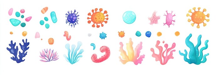 A variety of microorganisms and bacteria in different styles. AI generated image