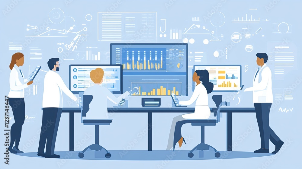 Poster diverse scientists collaborate on data analysis using modern technology