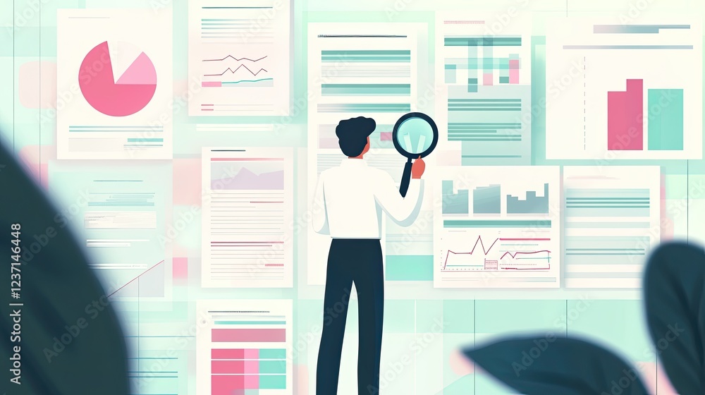 Poster businessman analyzing data charts and graphs with magnifying glass