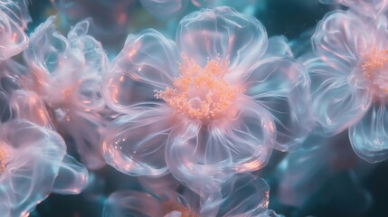 Delicate translucent flowers bloom in vibrant colors under soft lighting in a serene natural setting