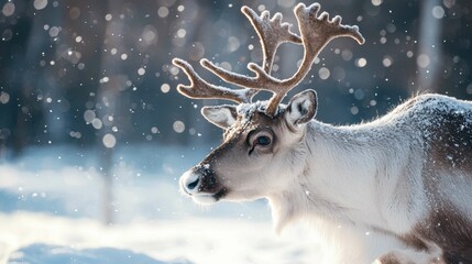 Majestic Reindeer in Snowy Landscape Under Gentle Snowfall