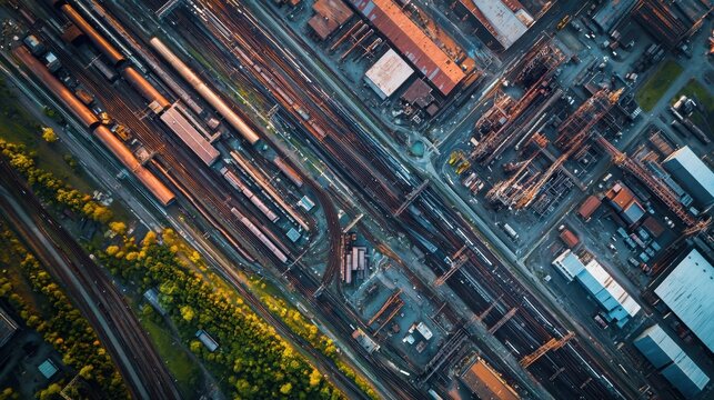 Aerial View of Industrial Railroad Yard with Trains and Paths