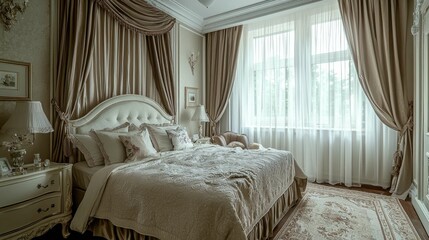Elegant Bedroom Interior with Soft Drapes and Cozy Decor Elements