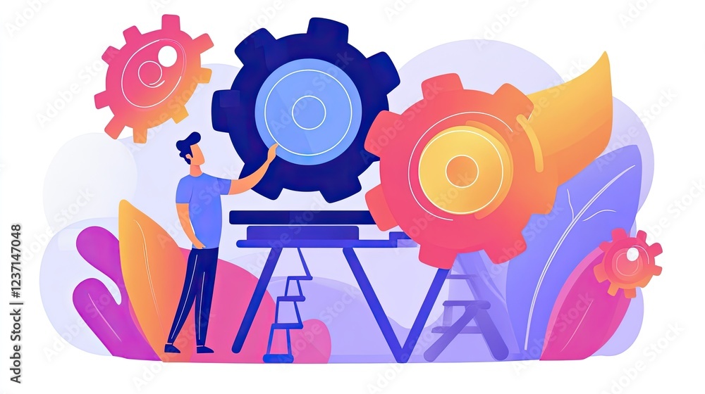 Poster man interacting with colorful interlocking gears system