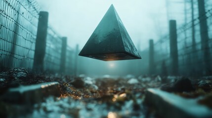 A dark pyramid hovers eerily above a fog-covered ground with barbed wire fences in the background, representing mystery and the unknown amidst an abstract environment.
