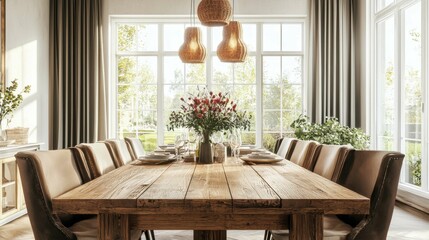 Fototapeta premium Elegant wooden dining table with natural light and floral centerpiece