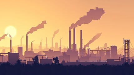 Obraz premium Industrial Sunset Smokestacks Silhouette Landscape