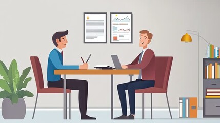 Businessmen have a meeting at a desk in an office