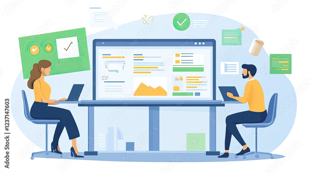 Poster colleagues collaborate on data analysis project using modern technology