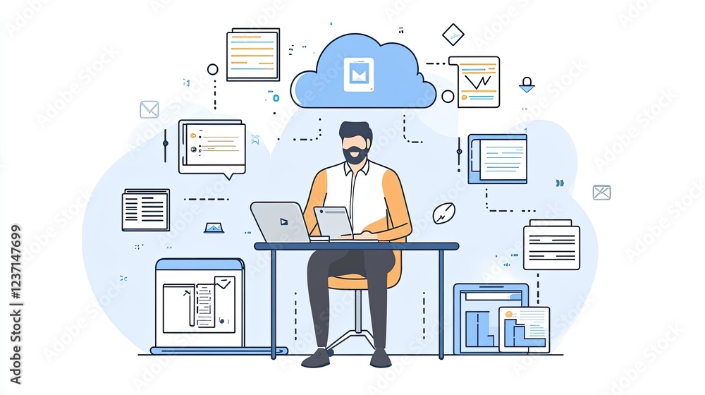 Aufkleber man working on laptop with cloud data management system