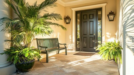 Naklejka premium Elegant Entrance with Green Plants and Warm Lighting in Home Exterior