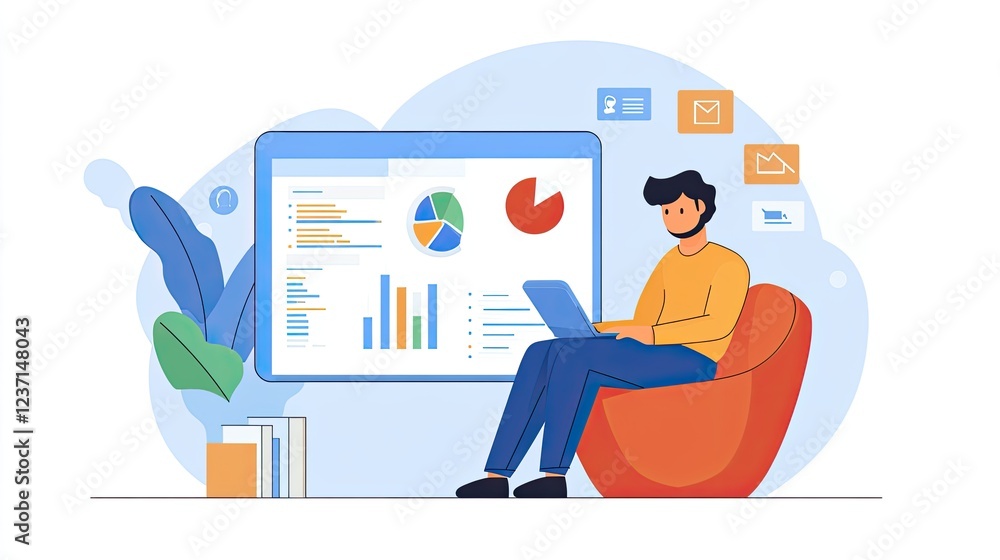 Poster man analyzing data graphs on laptop screen
