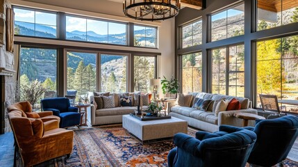 Fototapeta premium Cozy Modern Living Room with Mountain View in Bright Natural Light