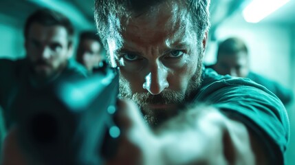 A determined figure in a tense confrontation holds a gun with fierce intensity, surrounded by comrades, hinting at a story of bravery and survival in a gripping scenario.