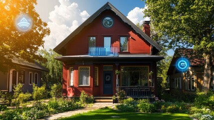 Smart Home Technology Modern Red House Solar Panels