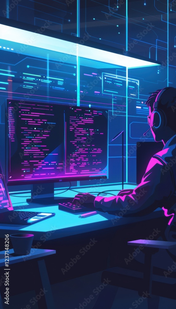 Poster futuristic fintech app development and testing in minimalist desk setup with neon lighting