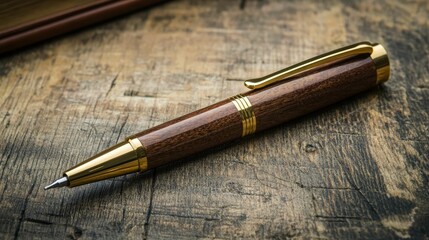 Elegant Wooden Pen with Gold Accents on Rustic Wooden Background