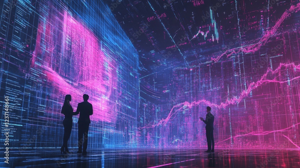 Poster businesspeople analyzing digital data streams and graphs