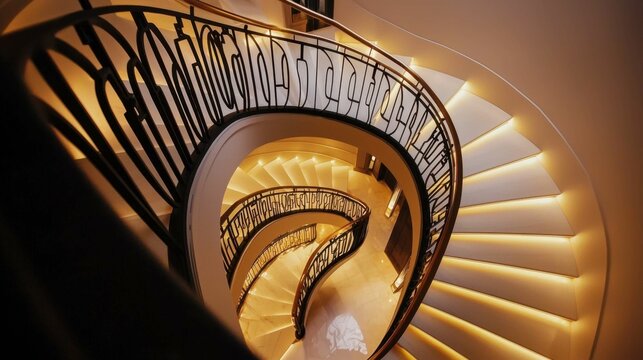 Elegant spiral staircase with warm lighting and intricate design - Powered by Adobe