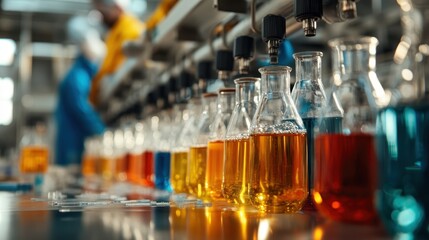 An array of vibrant liquids in laboratory glassware, set against a production backdrop, highlighting the scientific method and artistry of beverage creation.