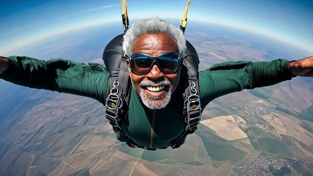 A senior skydiver glides through the air with a happy smile, showcasing breathtaking landscapes from above during a thrilling jump