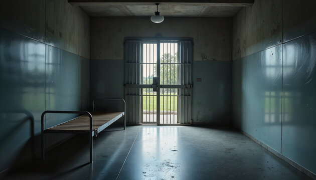 Desolate prison cell with iron bars, isolation and confinement