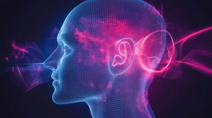 Futuristic digital head with neon lines and light effects showcasing technological innovation