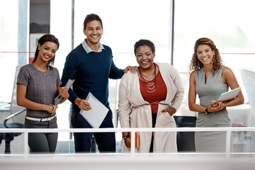 Staff, portrait and support creativity in office, collaboration and group of people in media...