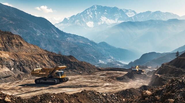 An expansive mining site with heavy machinery excavating minerals against a rugged mountain backdrop, Mining site scene, Resource extraction style