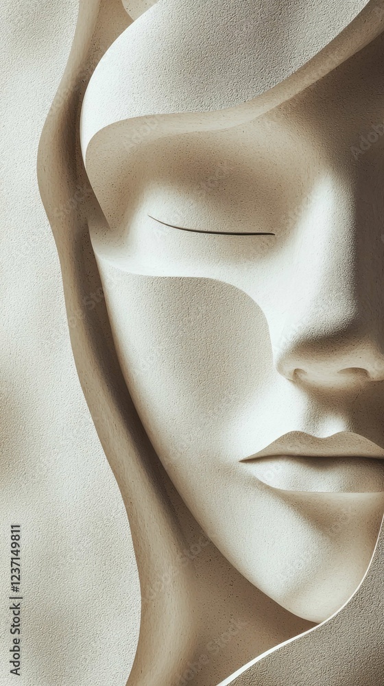Poster artistic representation of serene face with soft features and textures