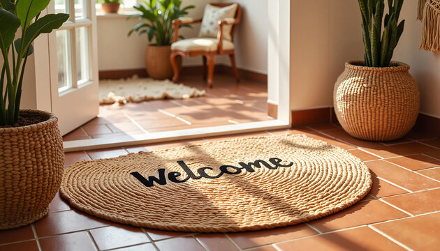 Welcoming warmth of braided jute doormat in bohemian hallway, home decor